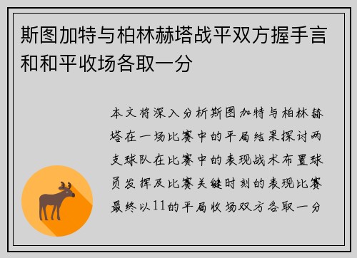 斯图加特与柏林赫塔战平双方握手言和和平收场各取一分
