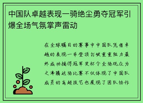 中国队卓越表现一骑绝尘勇夺冠军引爆全场气氛掌声雷动