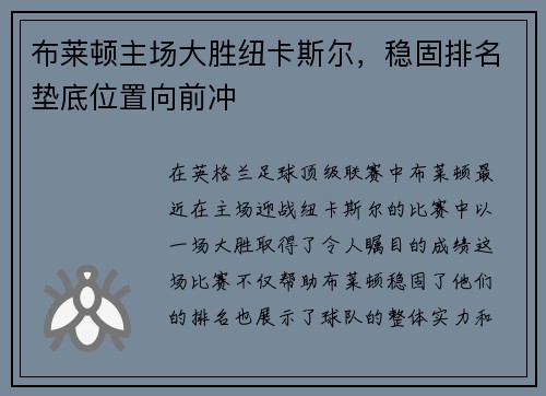 布莱顿主场大胜纽卡斯尔，稳固排名垫底位置向前冲