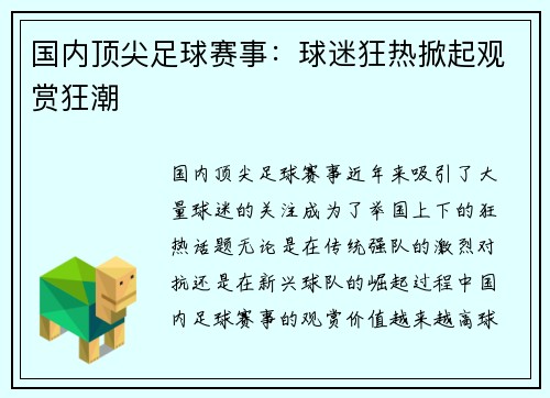 国内顶尖足球赛事：球迷狂热掀起观赏狂潮