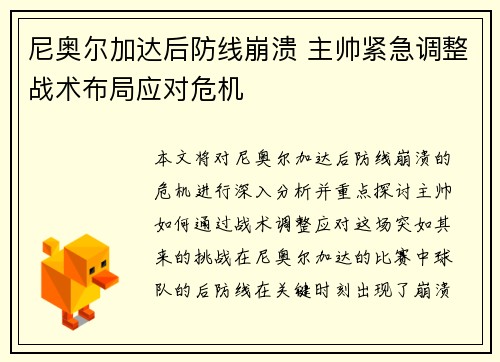 尼奥尔加达后防线崩溃 主帅紧急调整战术布局应对危机