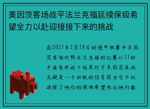 美因茨客场战平法兰克福延续保级希望全力以赴迎接接下来的挑战