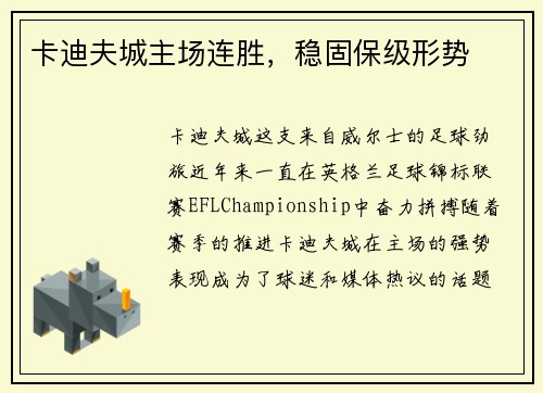 卡迪夫城主场连胜，稳固保级形势