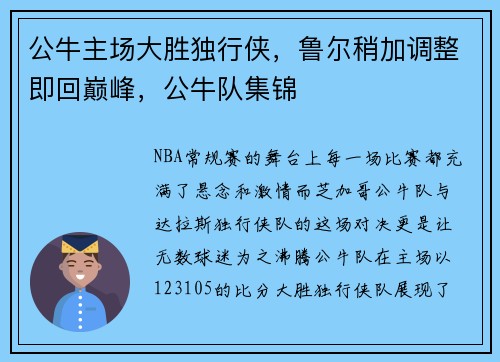 公牛主场大胜独行侠，鲁尔稍加调整即回巅峰，公牛队集锦