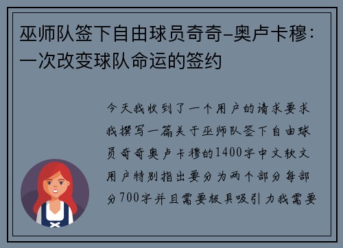 巫师队签下自由球员奇奇-奥卢卡穆：一次改变球队命运的签约