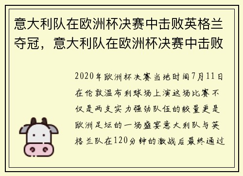 意大利队在欧洲杯决赛中击败英格兰夺冠，意大利队在欧洲杯决赛中击败英格兰夺冠的是谁