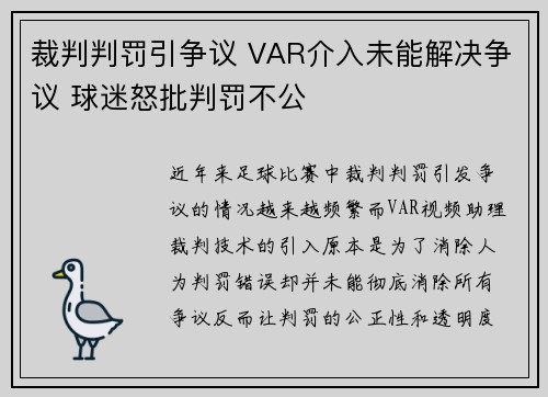 裁判判罚引争议 VAR介入未能解决争议 球迷怒批判罚不公